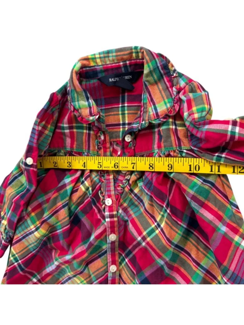 Ralph Lauren Plaid Peplum Top Girls Red Green Button Front Long Sleeve Size 18M
